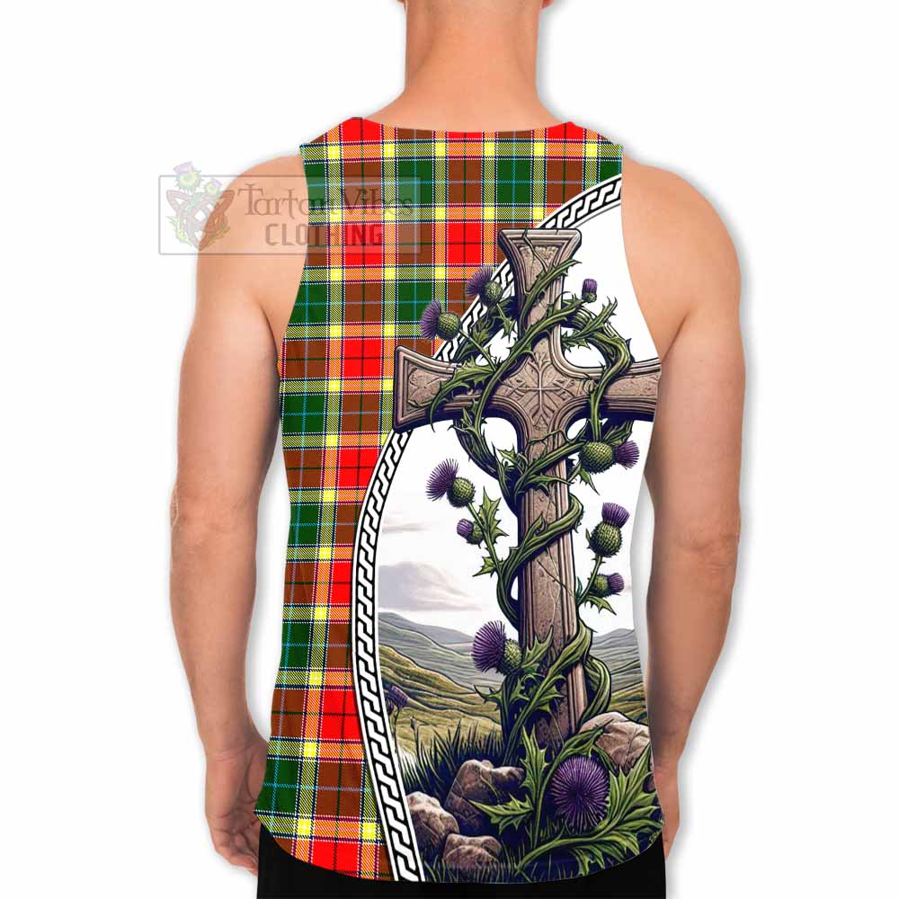 Tartan Vibes Clothing Gibson (Gibbs or Gibsone) Tartan Men's Tank Top with Family Crest and St. Andrew's Cross Accented by Thistle Vines