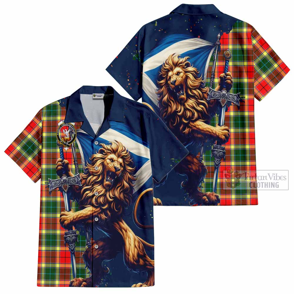 Tartan Vibes Clothing Gibson (Gibbs or Gibsone) Tartan Family Crest Short Sleeve Button Shirt with Scottish Majestic Lion