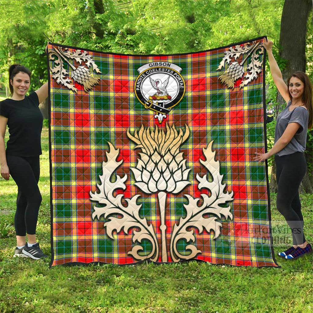 Tartan Vibes Clothing Gibson (Gibbs or Gibsone) Tartan Quilt with Family Crest and Golden Thistle Style