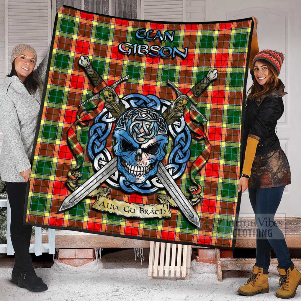 Tartan Vibes Clothing Gibson (Gibbs or Gibsone) Tartan Quilt with Celtic Skull Alba Gu Brath Style