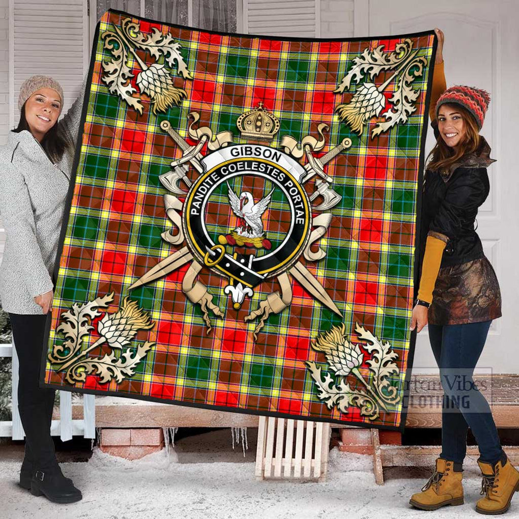 Tartan Vibes Clothing Gibson (Gibbs or Gibsone) Tartan Quilt with Family Crest and Scottish Golden Courage Shield