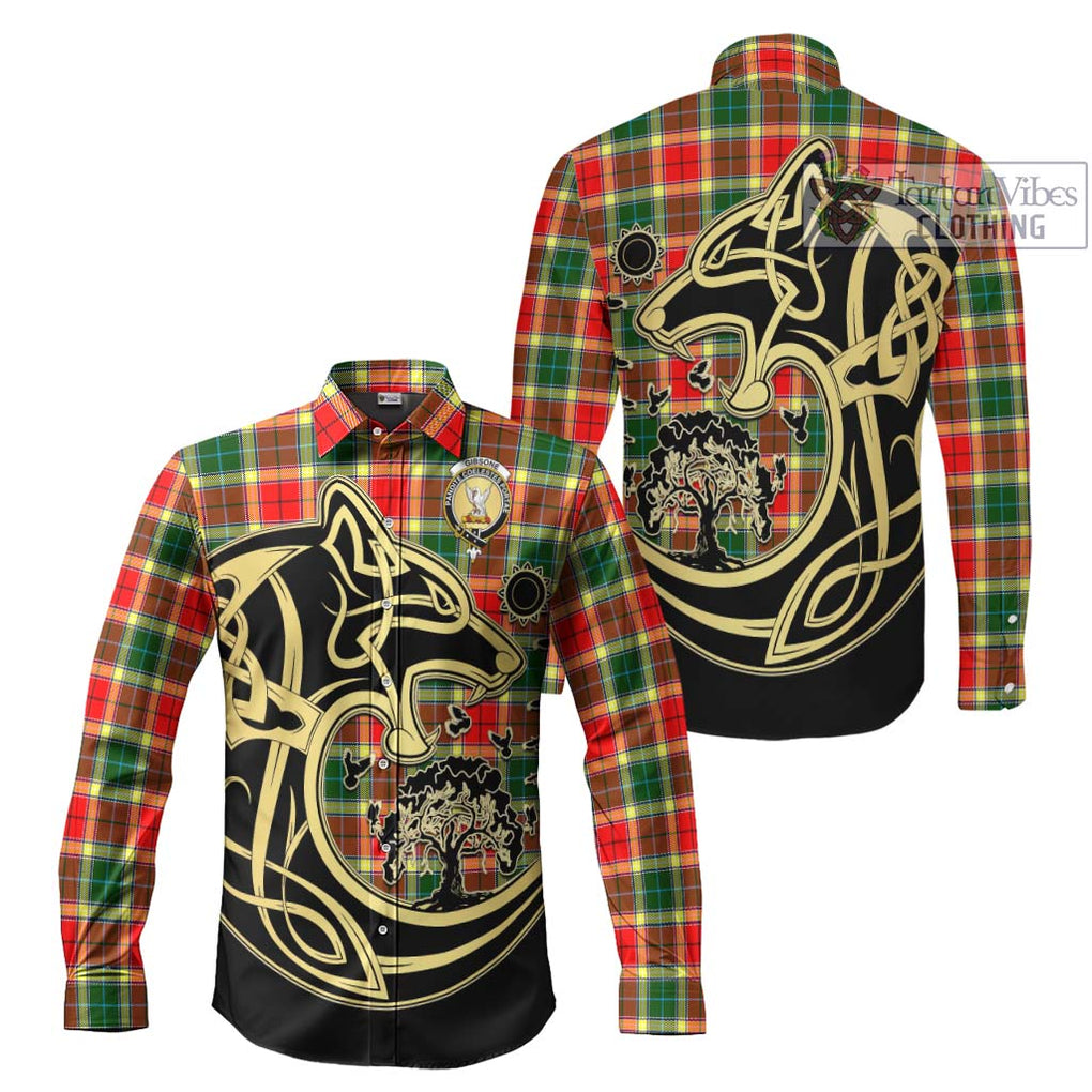 Gibsone Tartan Long Sleeve Button Shirt with Family Crest Celtic Wolf Style Men's Shirt S - Tartan Vibes Clothing