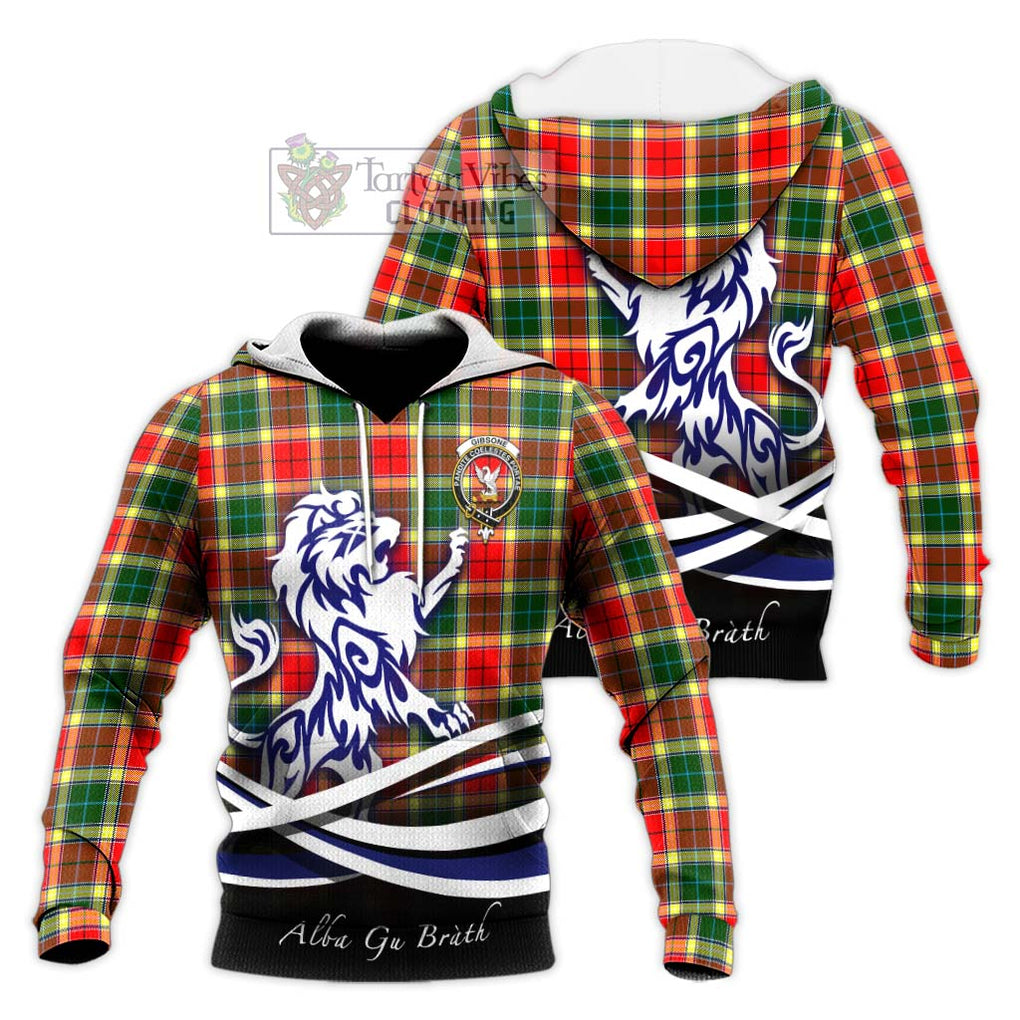 Gibsone Tartan Knitted Hoodie with Alba Gu Brath Regal Lion Emblem Unisex Knitted Pullover Hoodie - Tartanvibesclothing Shop