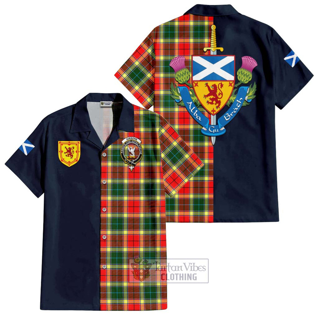 Tartan Vibes Clothing Gibsone Tartan Short Sleeve Button Shirt with Scottish Lion Royal Arm Half Style