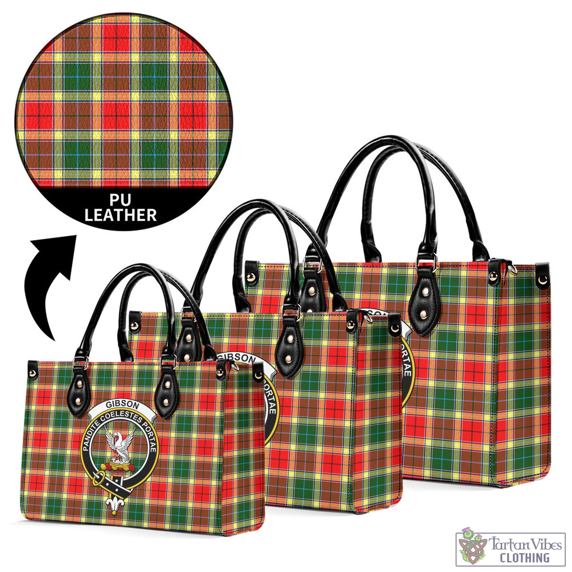 Tartan Vibes Clothing Gibsone (Gibson-Gibbs) Tartan Luxury Leather Handbags with Family Crest