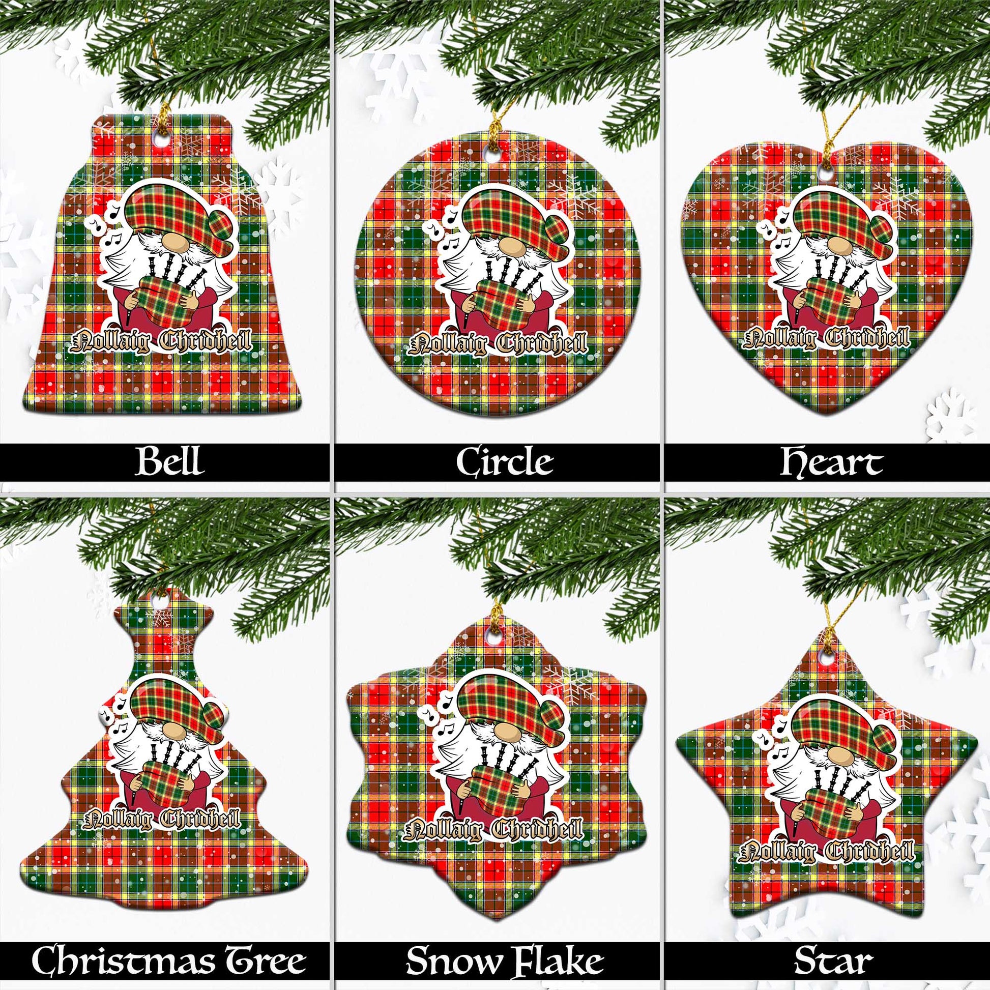 Gibsone (Gibson-Gibbs) Tartan Christmas Ornaments with Scottish Gnome Playing Bagpipes Ceramic - Tartanvibesclothing