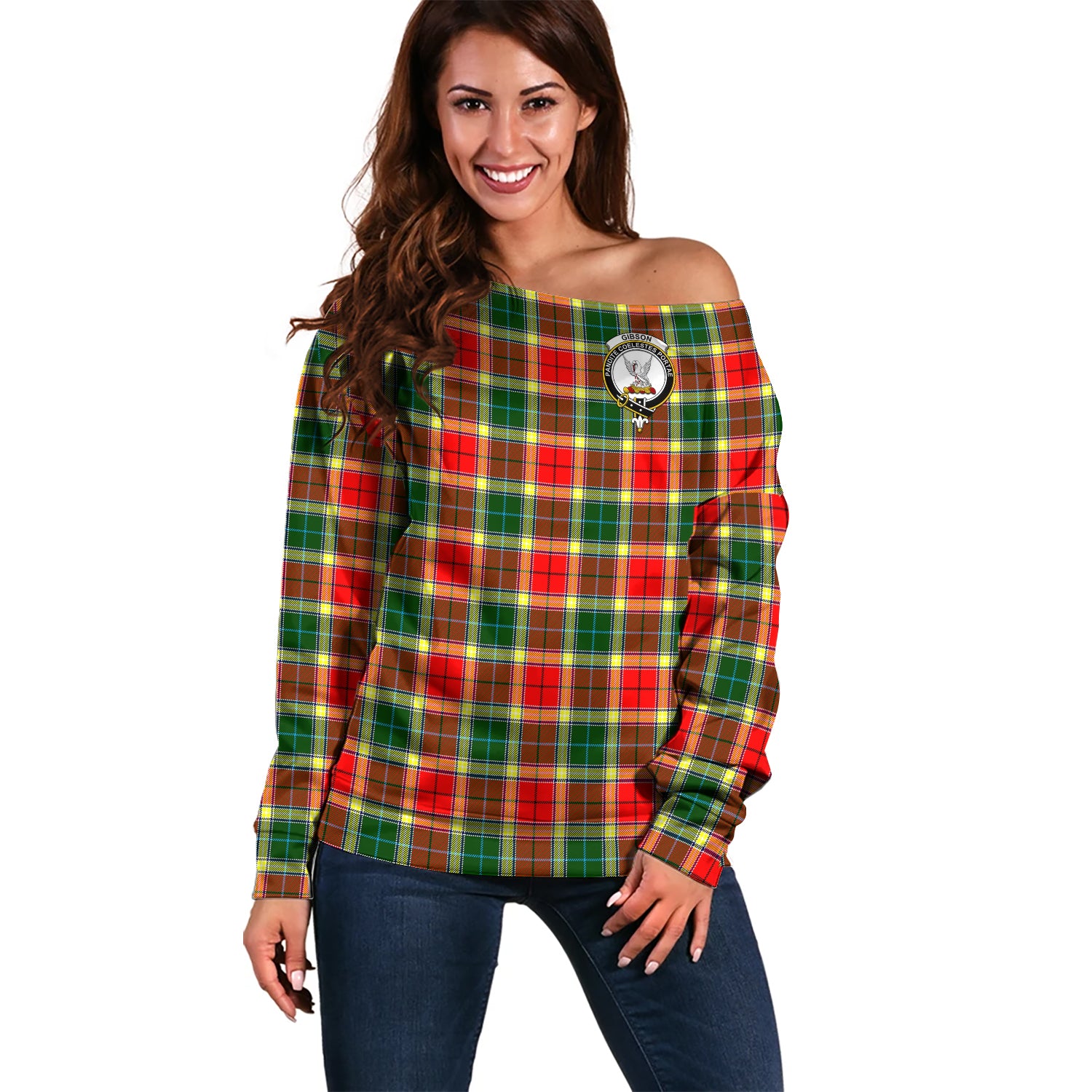 Gibsone (Gibson-Gibbs) Tartan Off Shoulder Women Sweater with Family Crest Women - Tartanvibesclothing