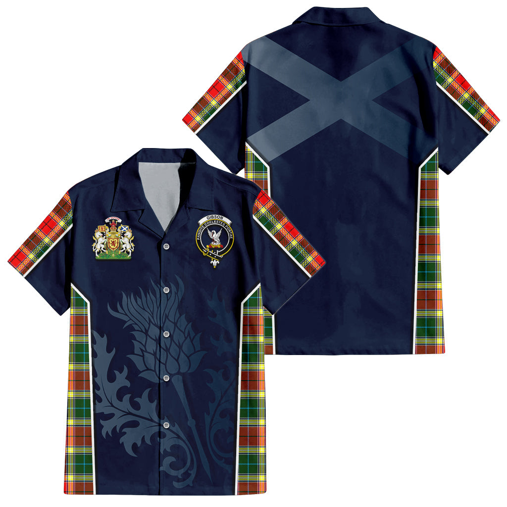 Tartan Vibes Clothing Gibsone (Gibson-Gibbs) Tartan Short Sleeve Button Up Shirt with Family Crest and Scottish Thistle Vibes Sport Style