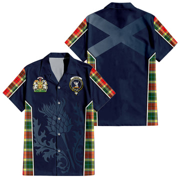 Gibson (Gibbs or Gibsone) Tartan Short Sleeve Button Up Shirt with Family Crest and Scottish Thistle Vibes Sport Style