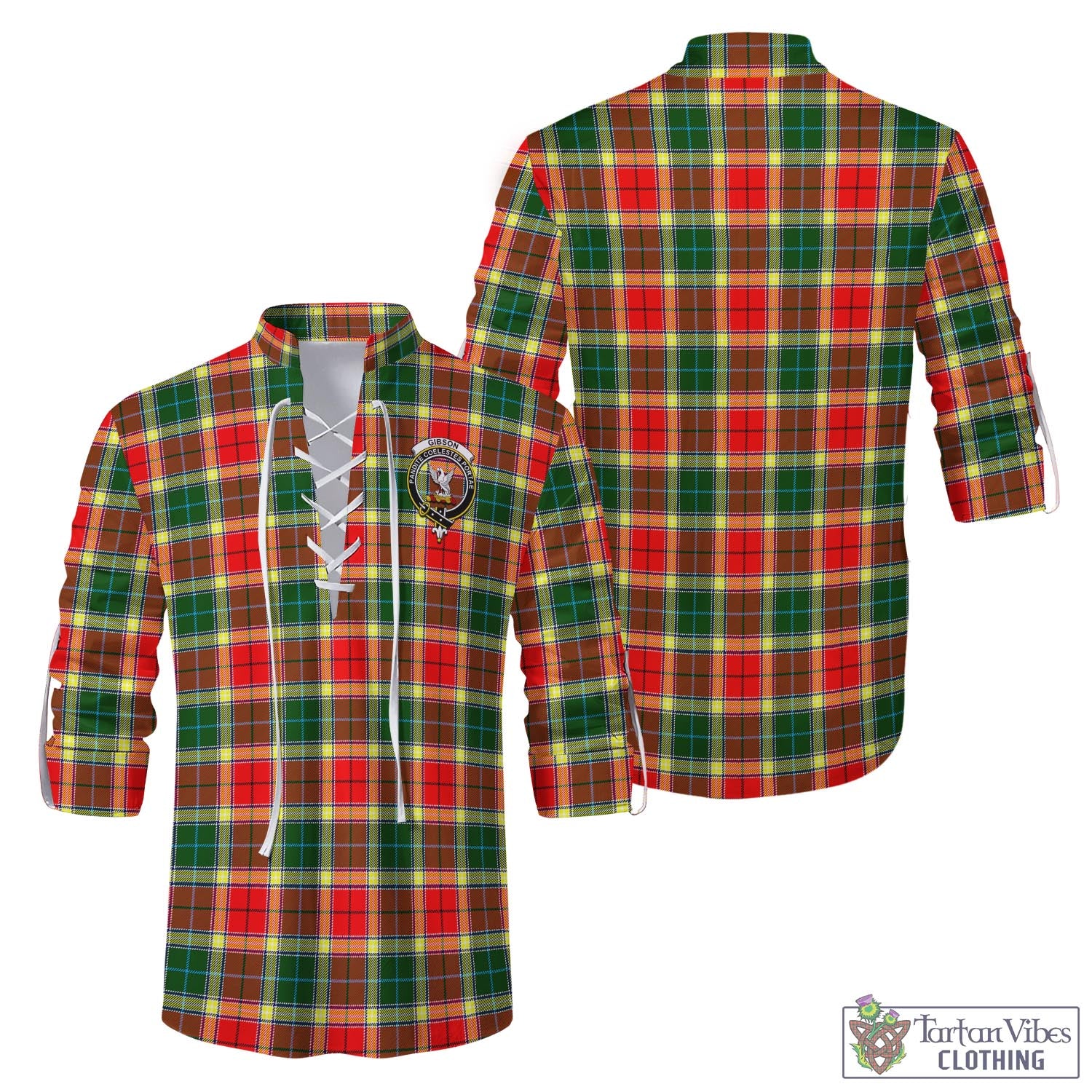 Tartan Vibes Clothing Gibsone (Gibson-Gibbs) Tartan Men's Scottish Traditional Jacobite Ghillie Kilt Shirt with Family Crest