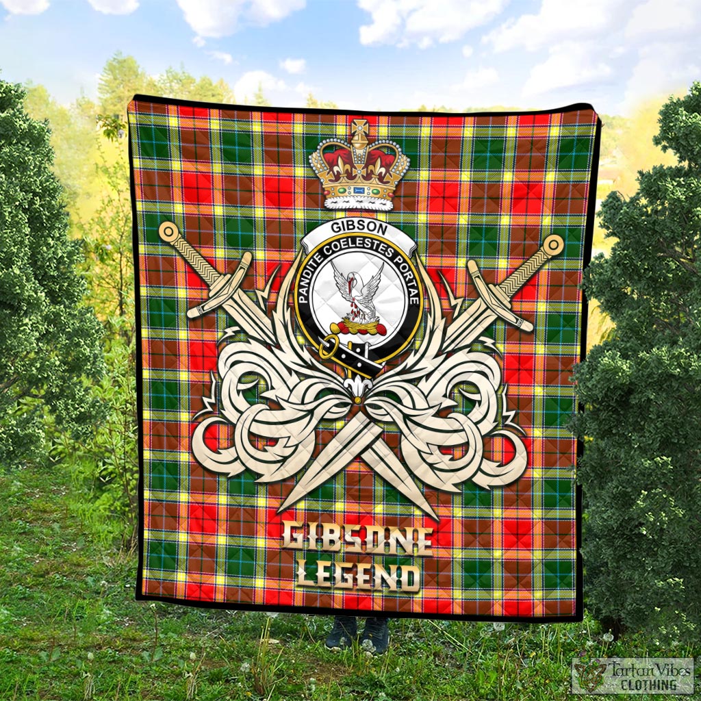 Tartan Vibes Clothing Gibsone (Gibson-Gibbs) Tartan Quilt with Clan Crest and the Golden Sword of Courageous Legacy