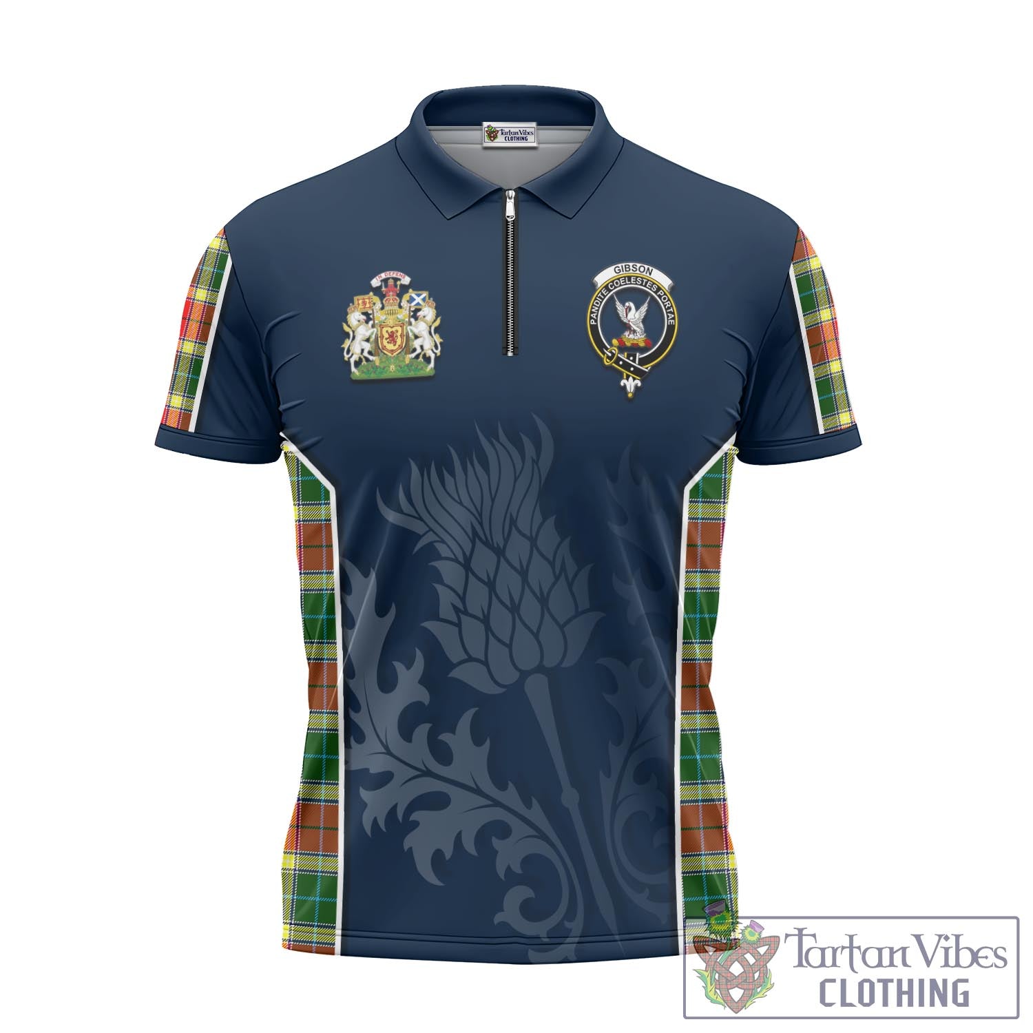 Tartan Vibes Clothing Gibsone (Gibson-Gibbs) Tartan Zipper Polo Shirt with Family Crest and Scottish Thistle Vibes Sport Style