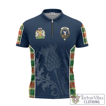 Gibson (Gibbs or Gibsone) Tartan Zipper Polo Shirt with Family Crest and Scottish Thistle Vibes Sport Style