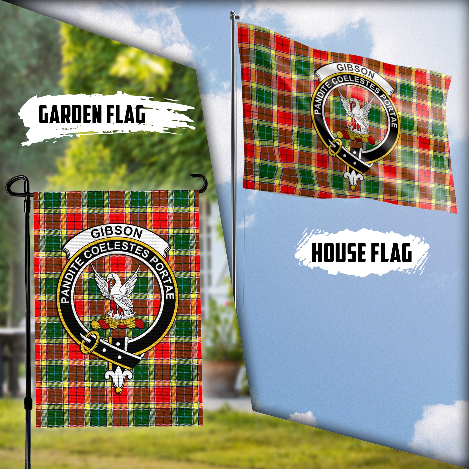 Gibson (Gibbs or Gibsone) Tartan Flag with Family Crest Garden Flag (Vertical) - Tartan Vibes Clothing