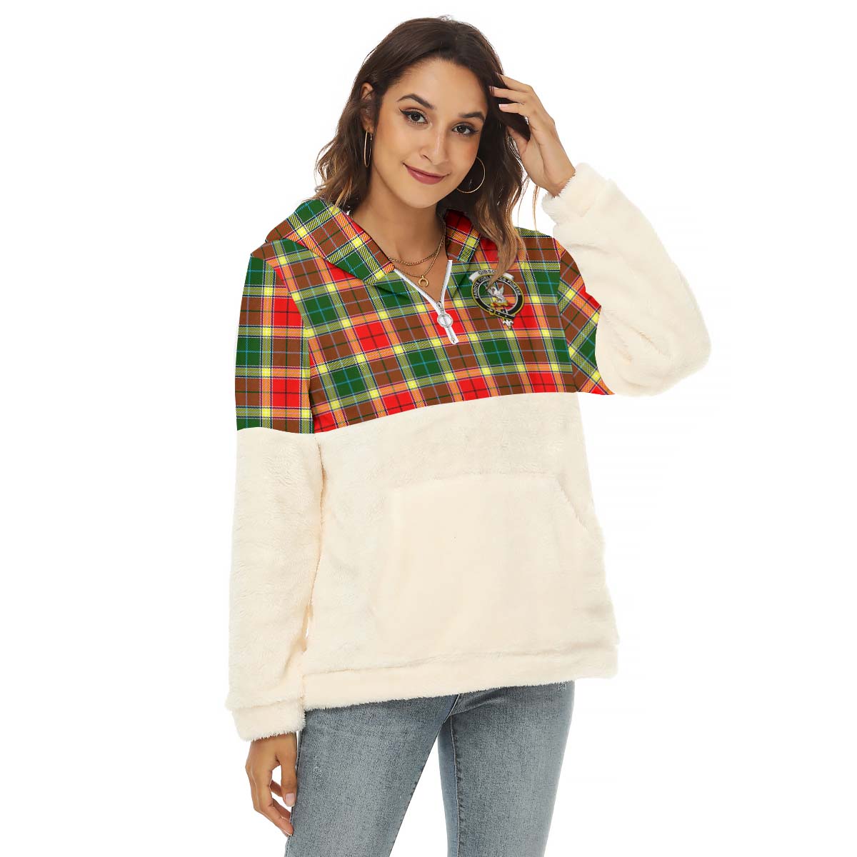 Gibson (Gibbs or Gibsone) Tartan Women's Borg Fleece Hoodie With Half Zip with Family Crest Female - Tartan Vibes Clothing