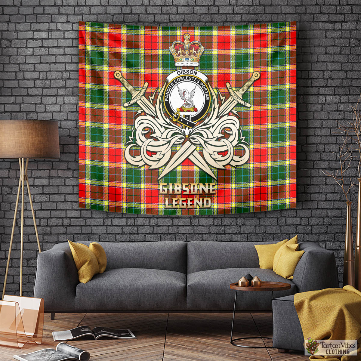 Tartan Vibes Clothing Gibsone (Gibson-Gibbs) Tartan Tapestry with Clan Crest and the Golden Sword of Courageous Legacy