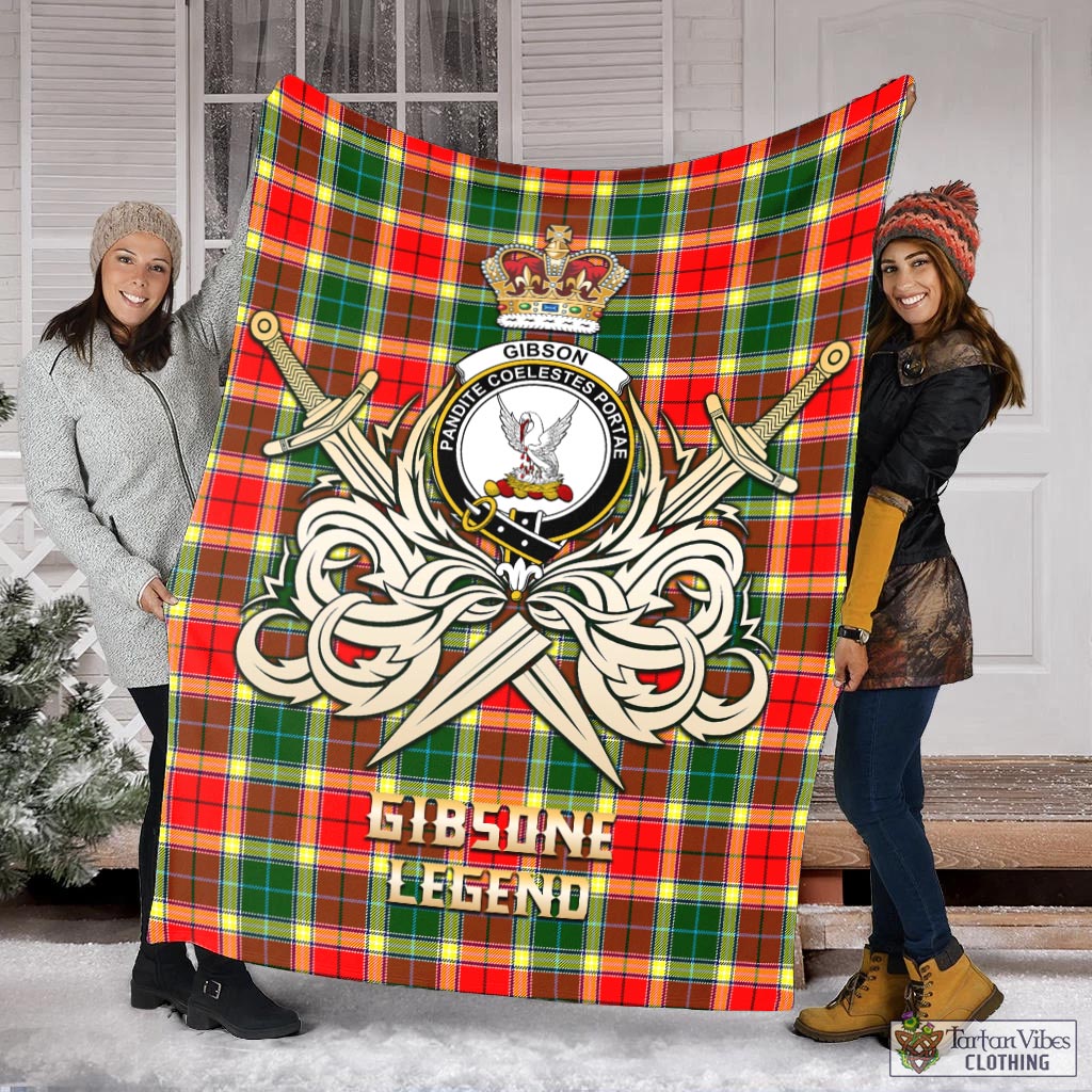 Tartan Vibes Clothing Gibsone (Gibson-Gibbs) Tartan Blanket with Clan Crest and the Golden Sword of Courageous Legacy