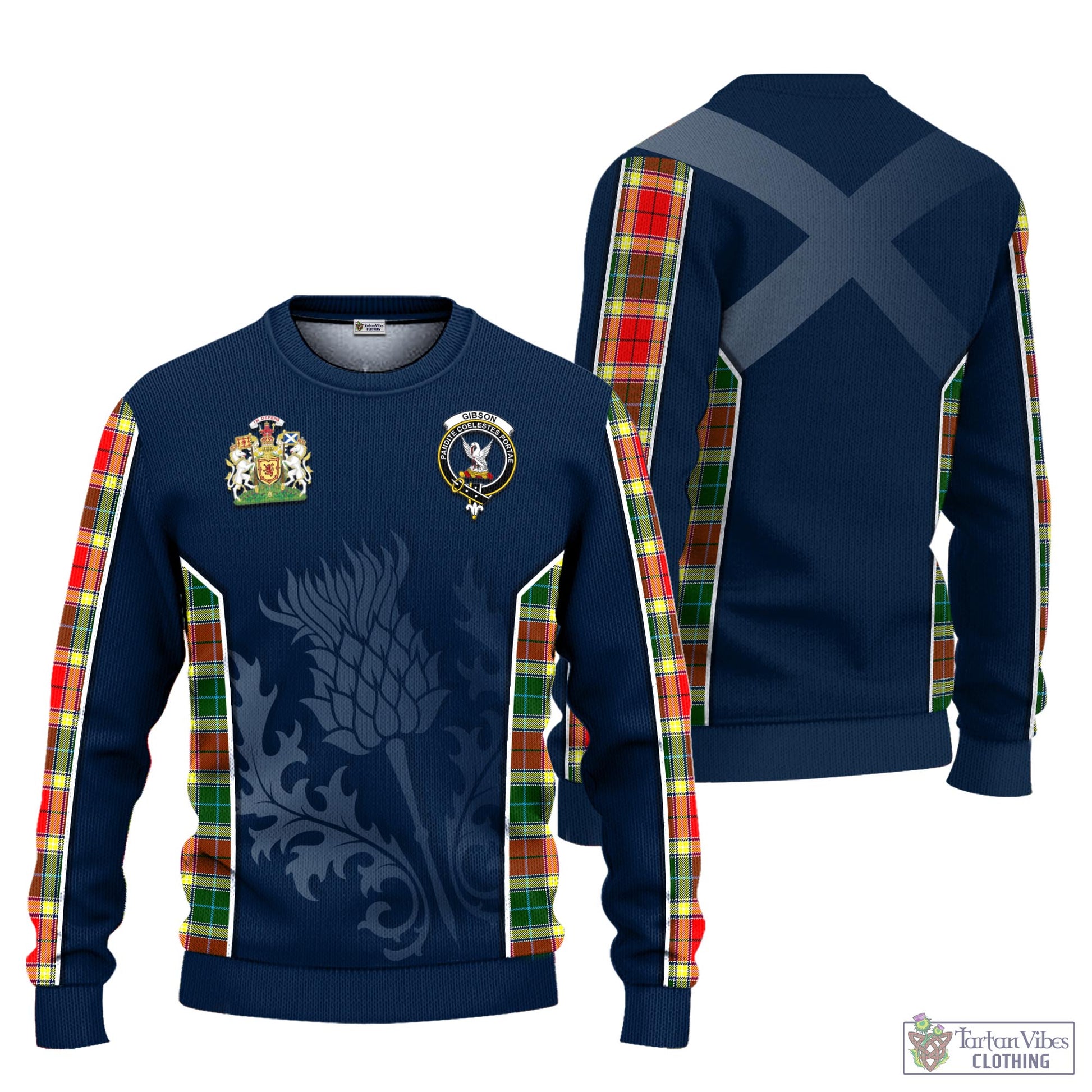 Tartan Vibes Clothing Gibsone (Gibson-Gibbs) Tartan Knitted Sweatshirt with Family Crest and Scottish Thistle Vibes Sport Style