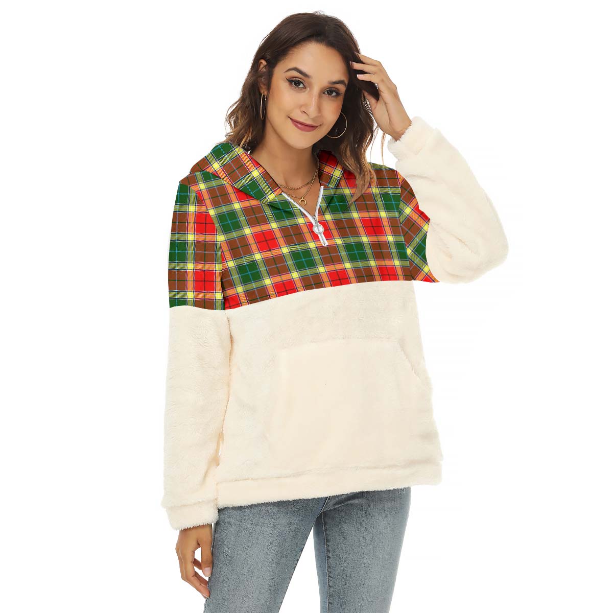 Gibsone (Gibson-Gibbs) Tartan Women's Borg Fleece Hoodie With Half Zip Female - Tartan Vibes Clothing