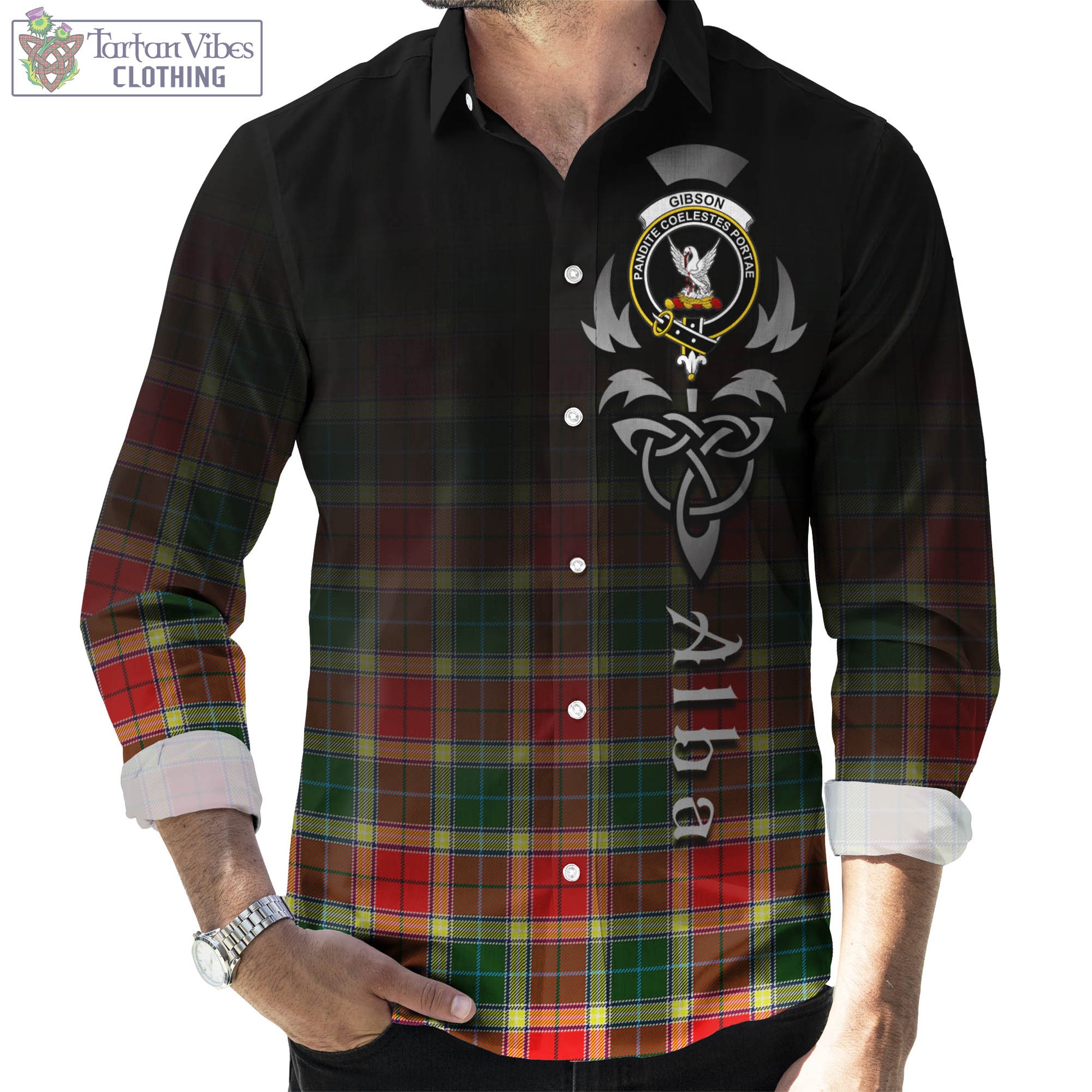 Tartan Vibes Clothing Gibsone (Gibson-Gibbs) Tartan Long Sleeve Button Up Featuring Alba Gu Brath Family Crest Celtic Inspired