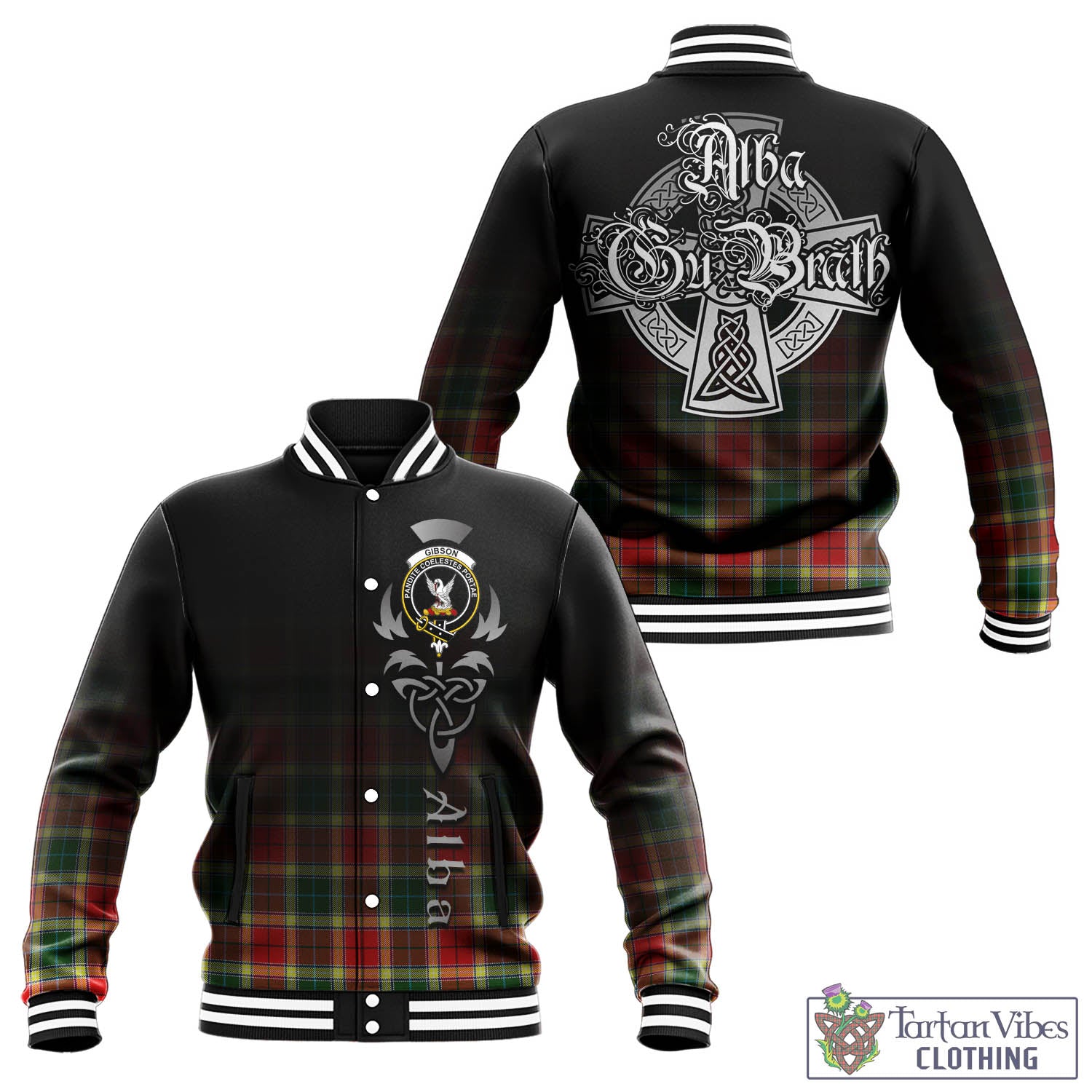 Tartan Vibes Clothing Gibsone (Gibson-Gibbs) Tartan Baseball Jacket Featuring Alba Gu Brath Family Crest Celtic Inspired