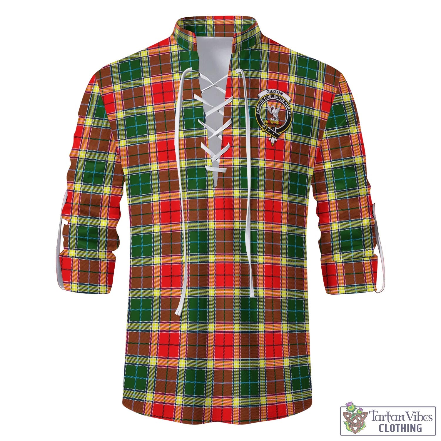 Tartan Vibes Clothing Gibsone (Gibson-Gibbs) Tartan Men's Scottish Traditional Jacobite Ghillie Kilt Shirt with Family Crest