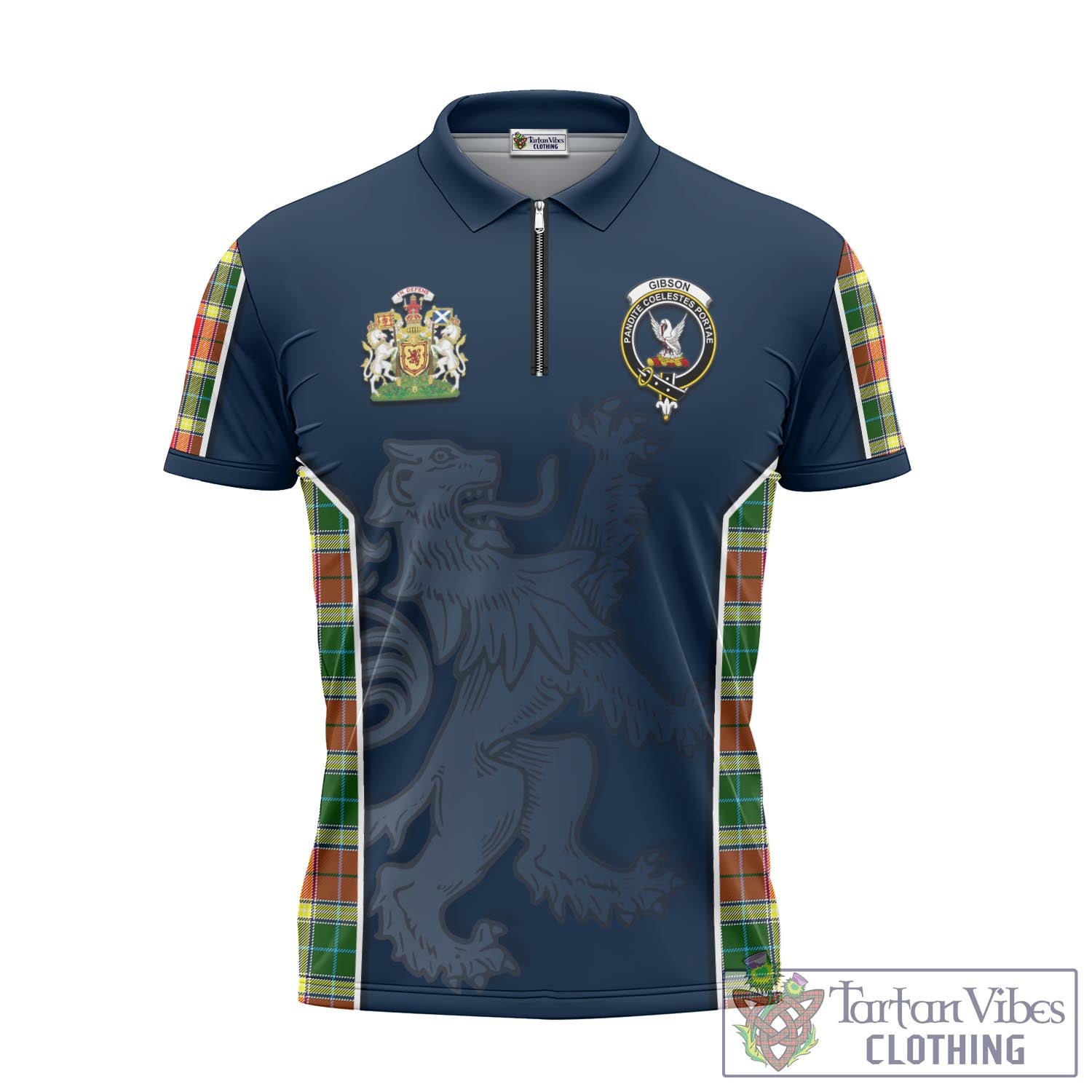 Tartan Vibes Clothing Gibsone (Gibson-Gibbs) Tartan Zipper Polo Shirt with Family Crest and Lion Rampant Vibes Sport Style