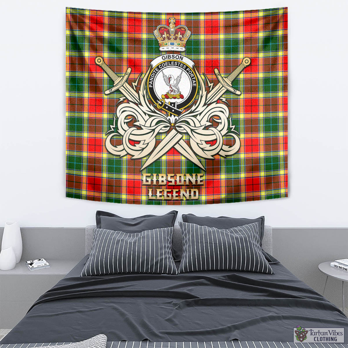 Tartan Vibes Clothing Gibsone (Gibson-Gibbs) Tartan Tapestry with Clan Crest and the Golden Sword of Courageous Legacy