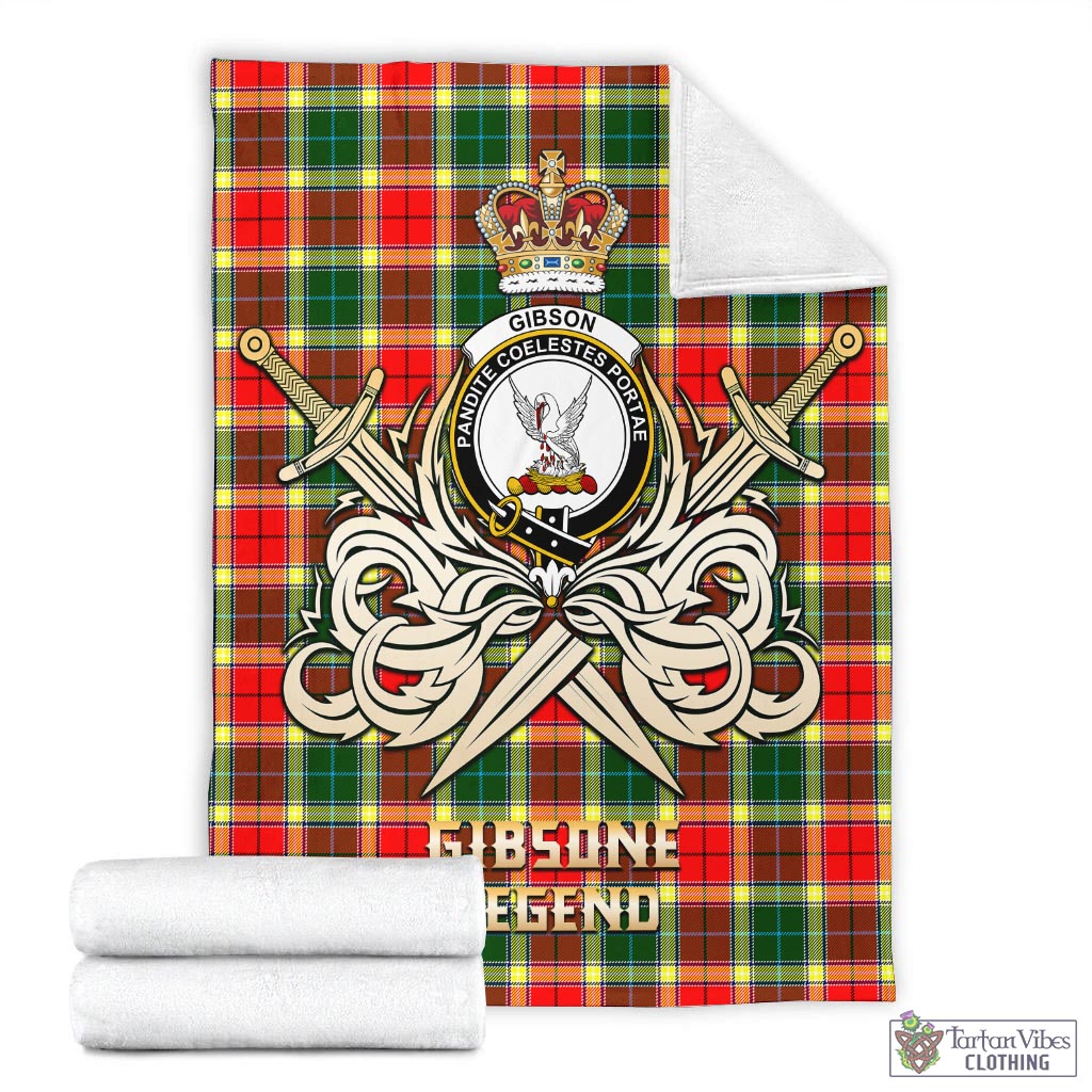 Tartan Vibes Clothing Gibsone (Gibson-Gibbs) Tartan Blanket with Clan Crest and the Golden Sword of Courageous Legacy