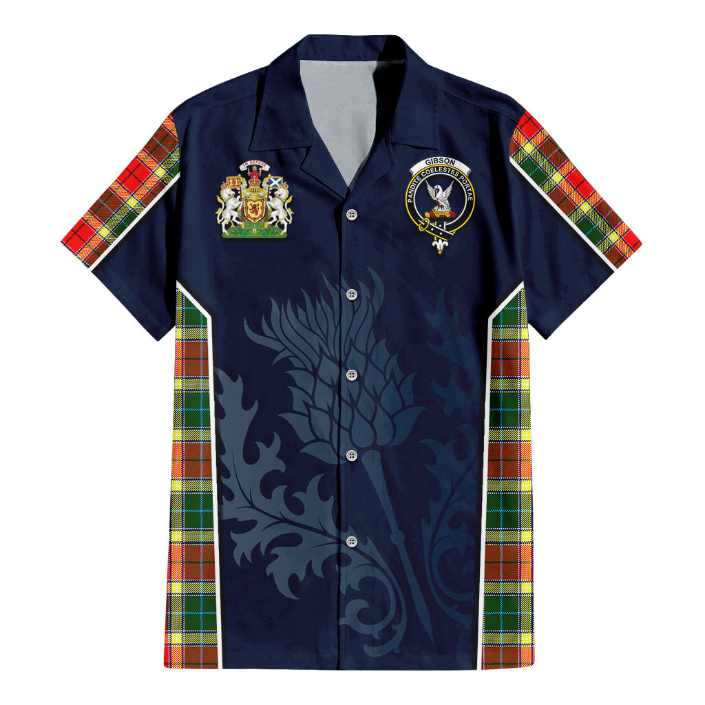 Tartan Vibes Clothing Gibsone (Gibson-Gibbs) Tartan Short Sleeve Button Up Shirt with Family Crest and Scottish Thistle Vibes Sport Style