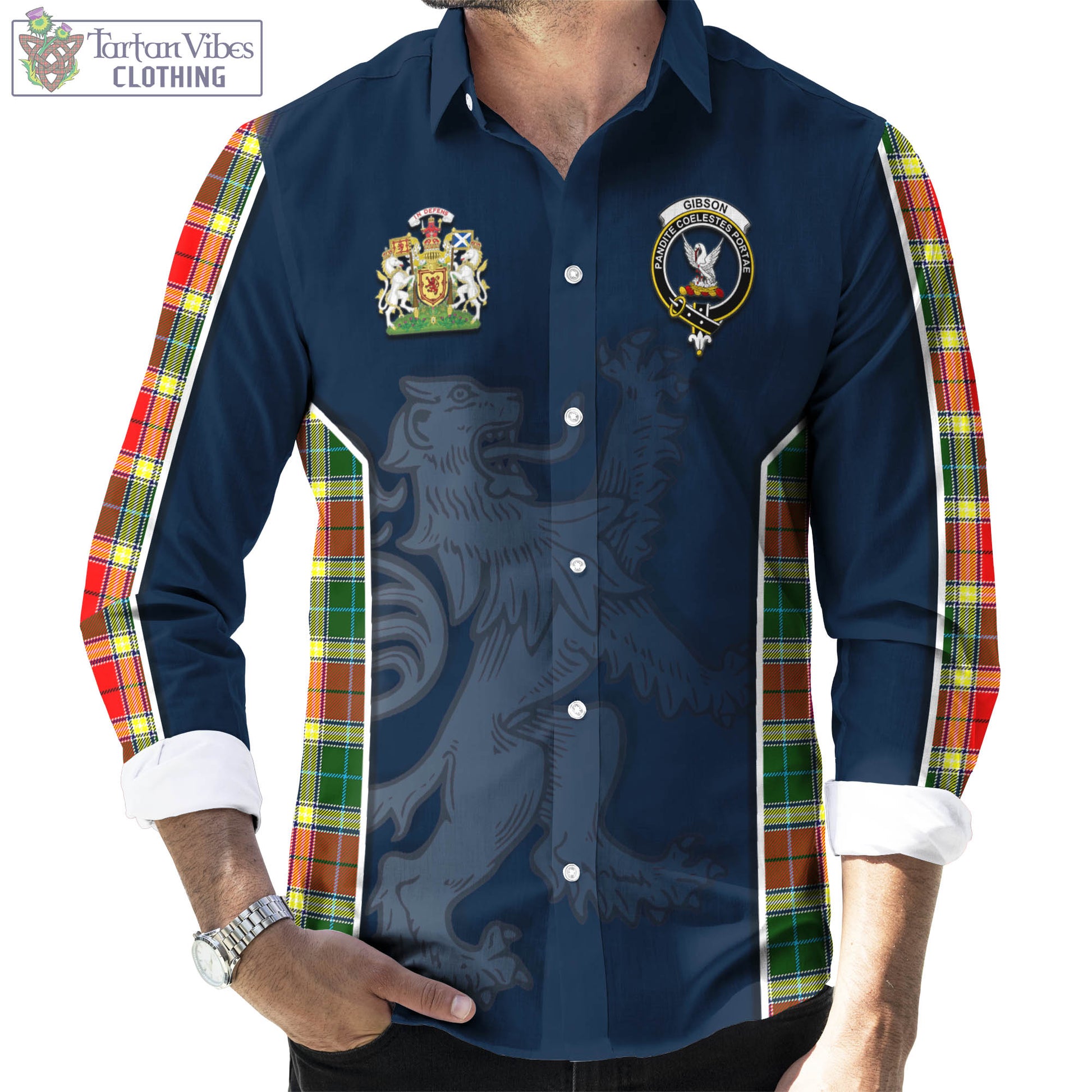 Tartan Vibes Clothing Gibsone (Gibson-Gibbs) Tartan Long Sleeve Button Up Shirt with Family Crest and Lion Rampant Vibes Sport Style