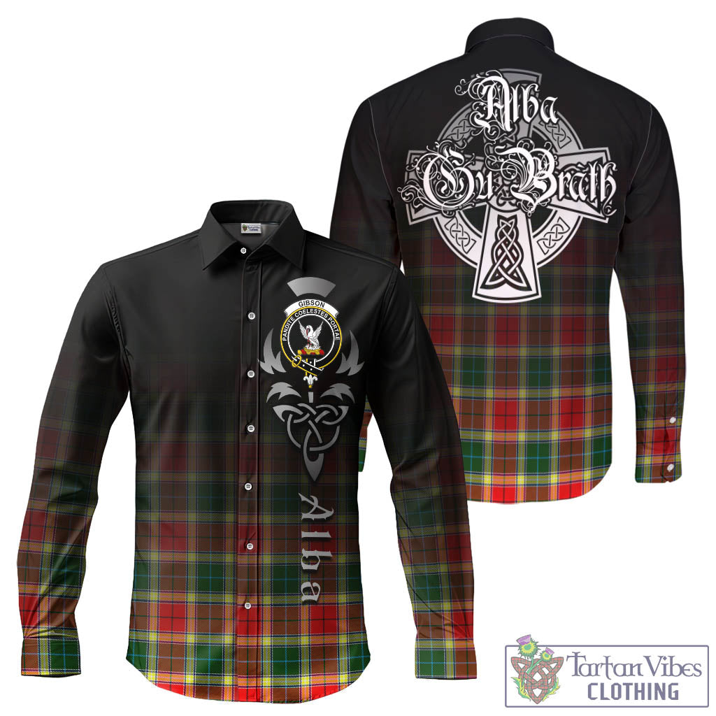 Tartan Vibes Clothing Gibsone (Gibson-Gibbs) Tartan Long Sleeve Button Up Featuring Alba Gu Brath Family Crest Celtic Inspired