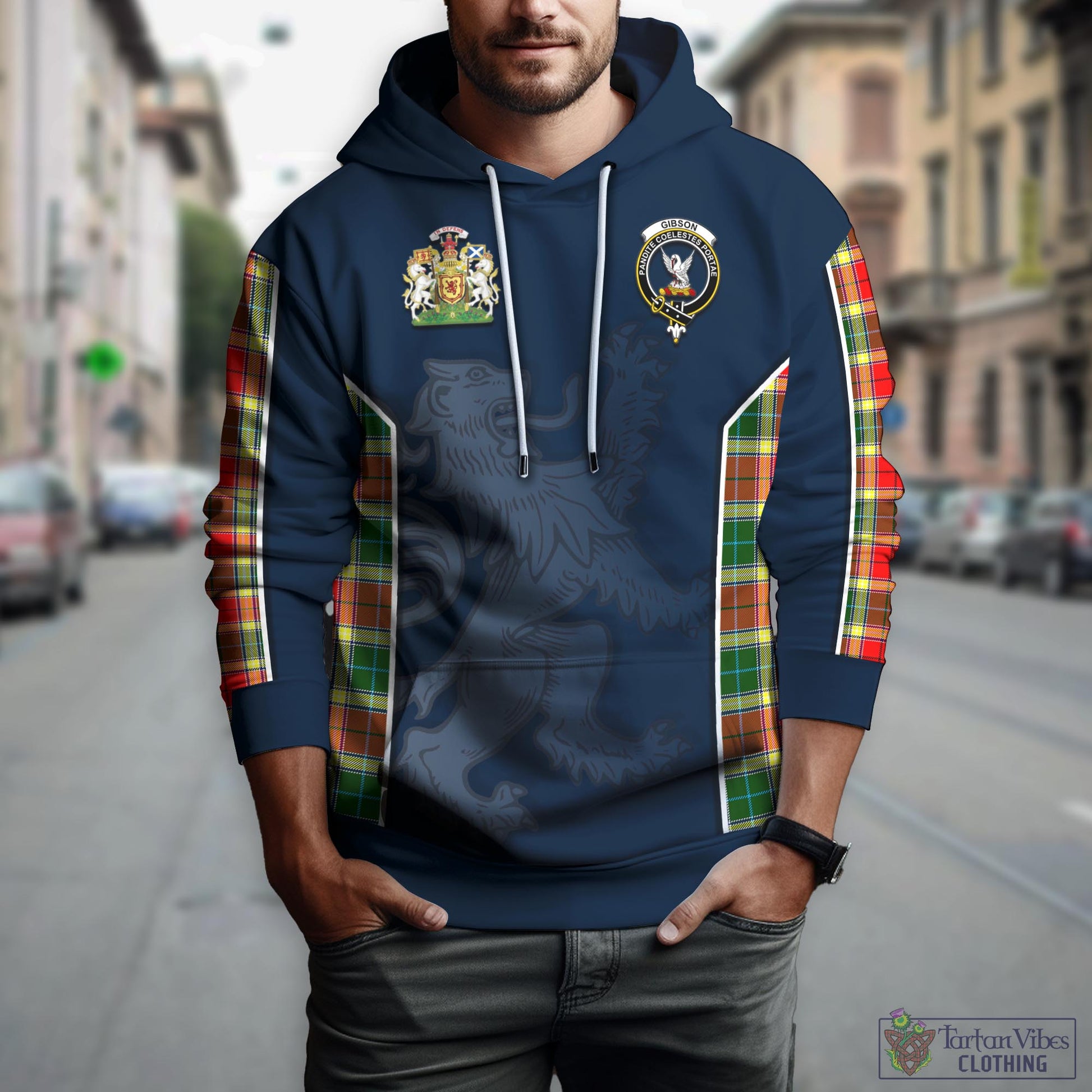 Tartan Vibes Clothing Gibsone (Gibson-Gibbs) Tartan Hoodie with Family Crest and Lion Rampant Vibes Sport Style