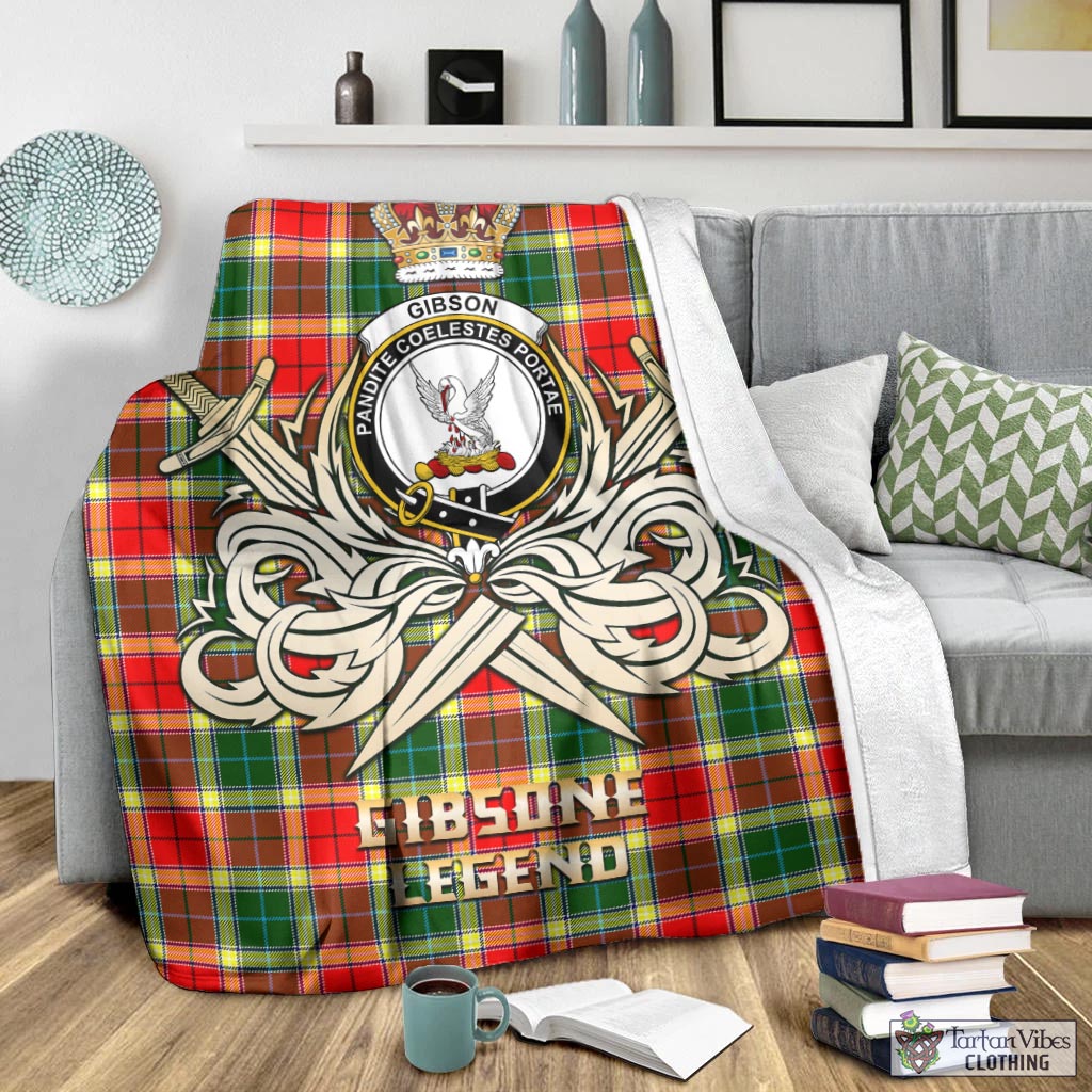 Tartan Vibes Clothing Gibsone (Gibson-Gibbs) Tartan Blanket with Clan Crest and the Golden Sword of Courageous Legacy