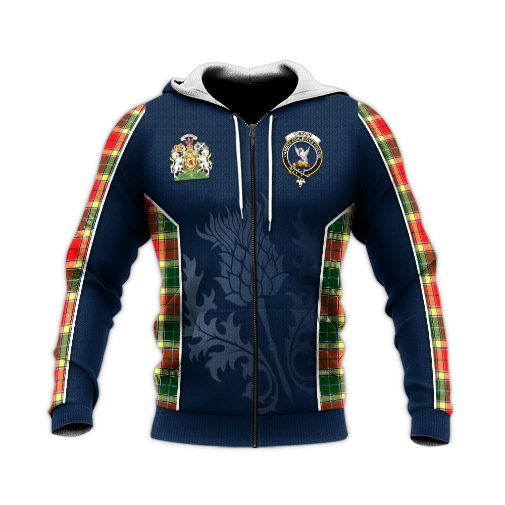 Tartan Vibes Clothing Gibsone (Gibson-Gibbs) Tartan Knitted Hoodie with Family Crest and Scottish Thistle Vibes Sport Style