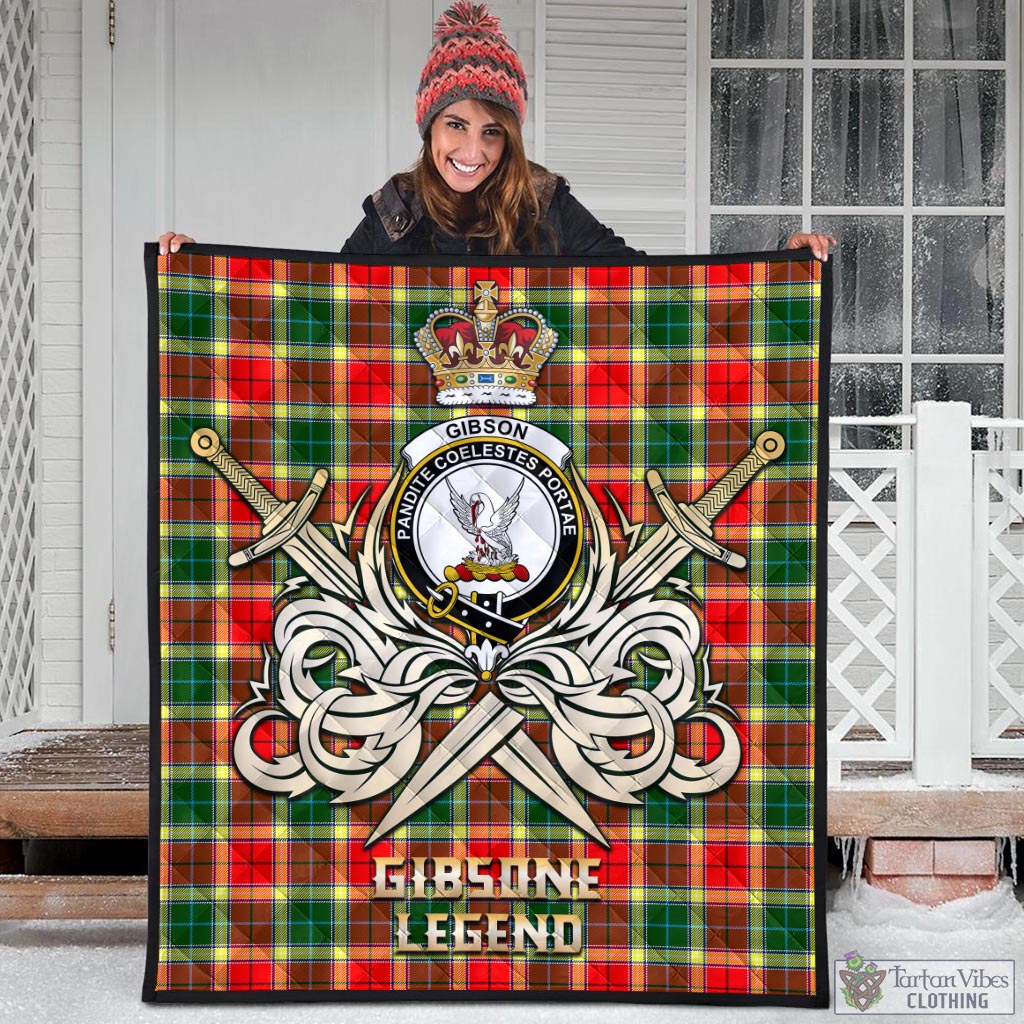 Tartan Vibes Clothing Gibsone (Gibson-Gibbs) Tartan Quilt with Clan Crest and the Golden Sword of Courageous Legacy