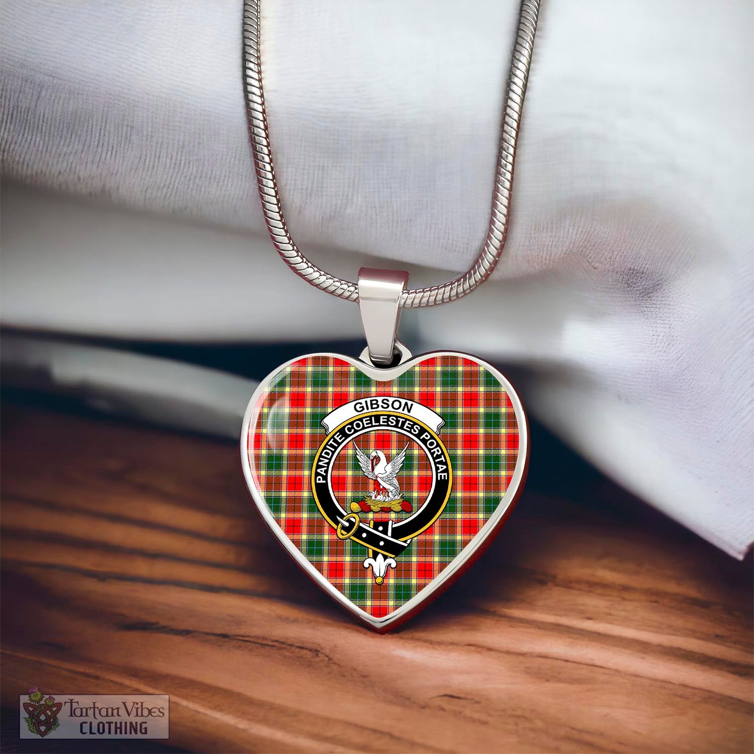 Tartan Vibes Clothing Gibsone (Gibson-Gibbs) Tartan Heart Necklace with Family Crest