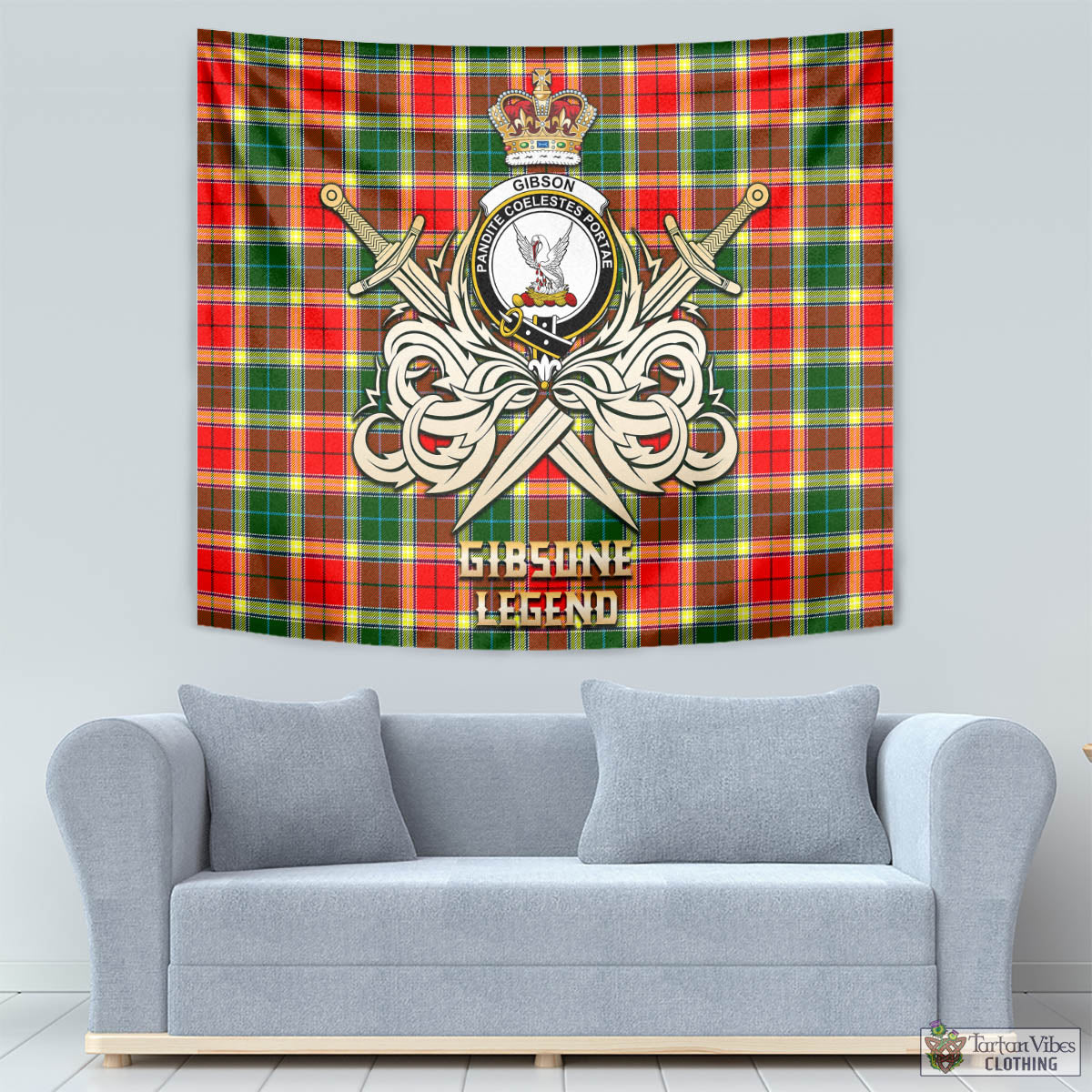 Tartan Vibes Clothing Gibsone (Gibson-Gibbs) Tartan Tapestry with Clan Crest and the Golden Sword of Courageous Legacy