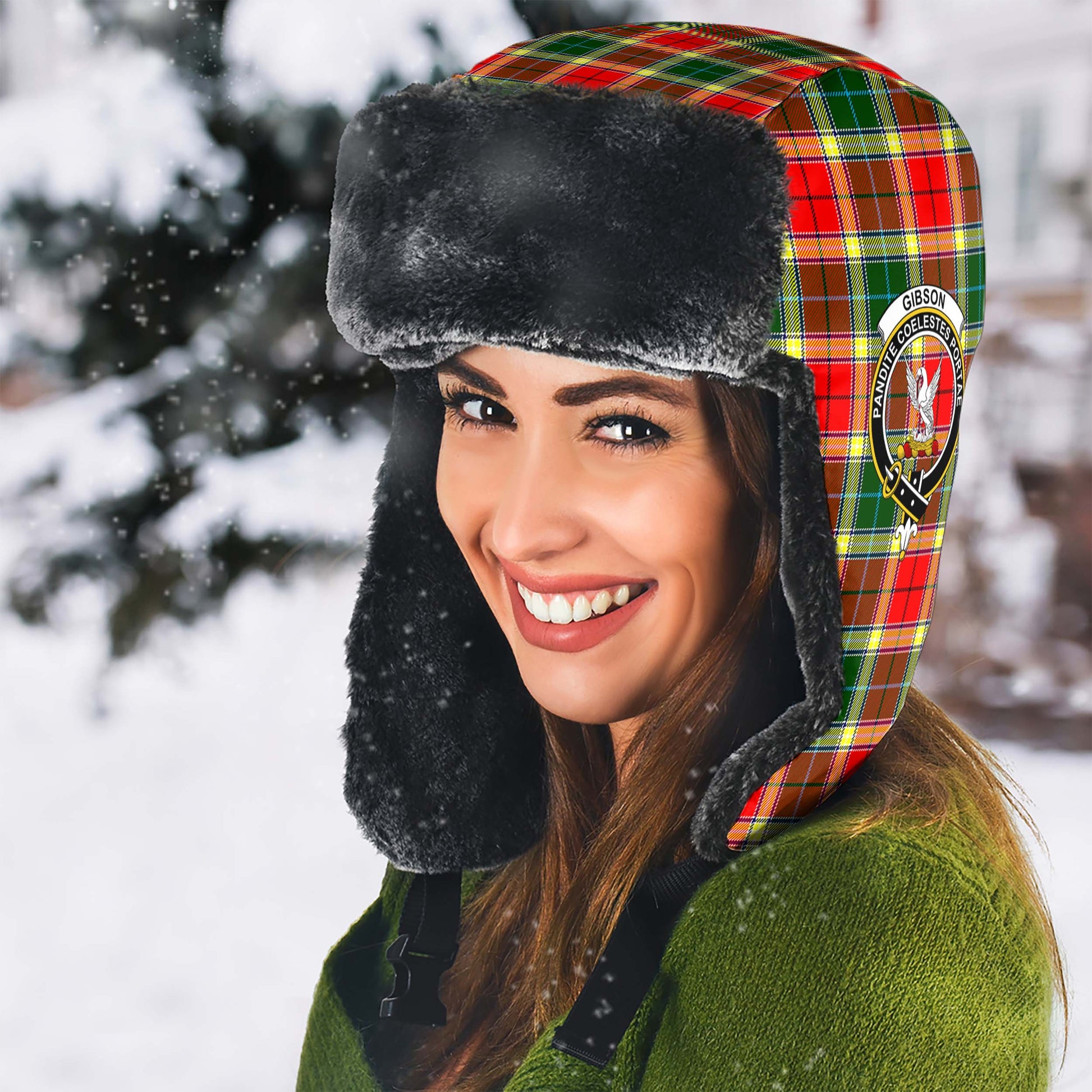 Gibsone (Gibson-Gibbs) Tartan Winter Trapper Hat with Family Crest - Tartanvibesclothing