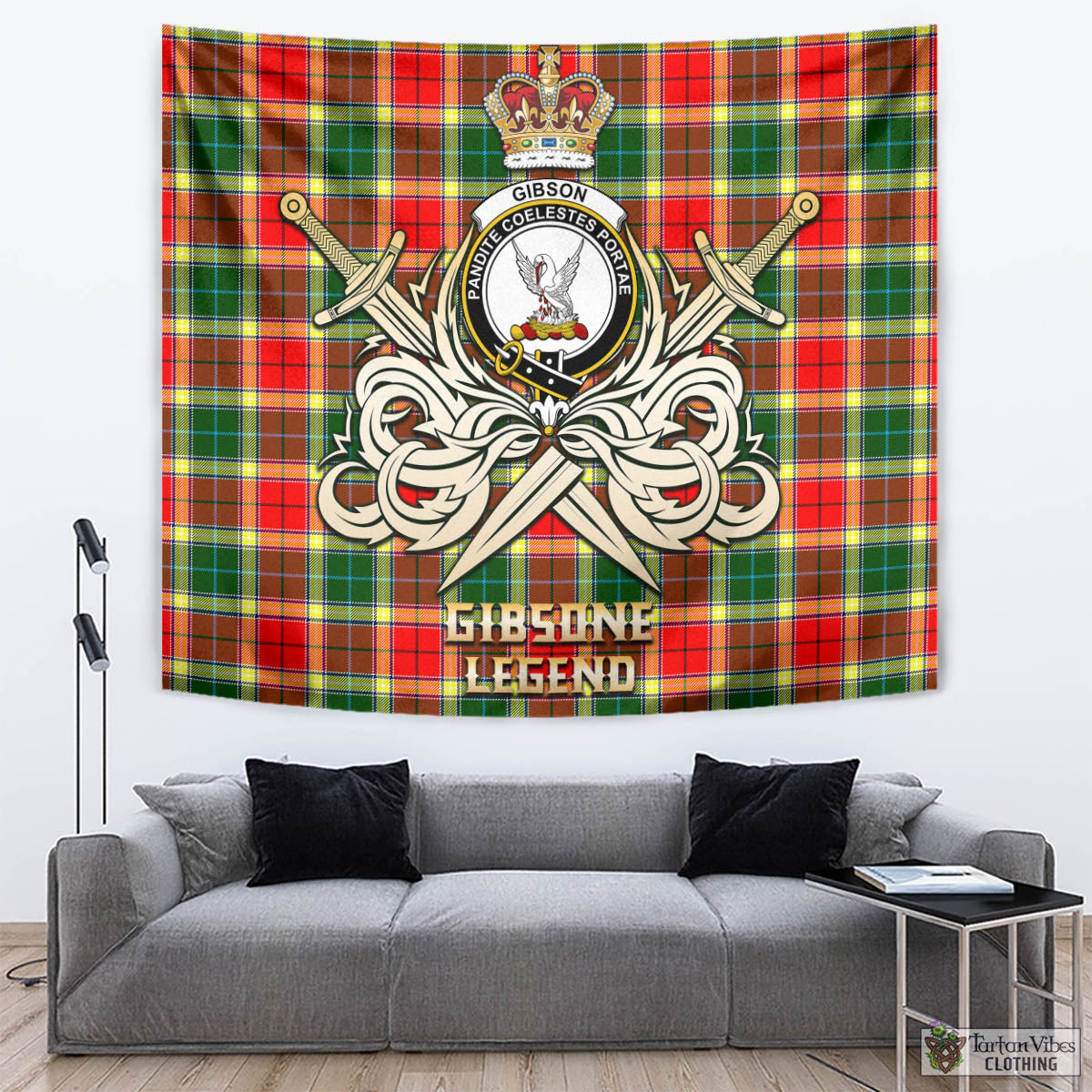 Tartan Vibes Clothing Gibsone (Gibson-Gibbs) Tartan Tapestry with Clan Crest and the Golden Sword of Courageous Legacy