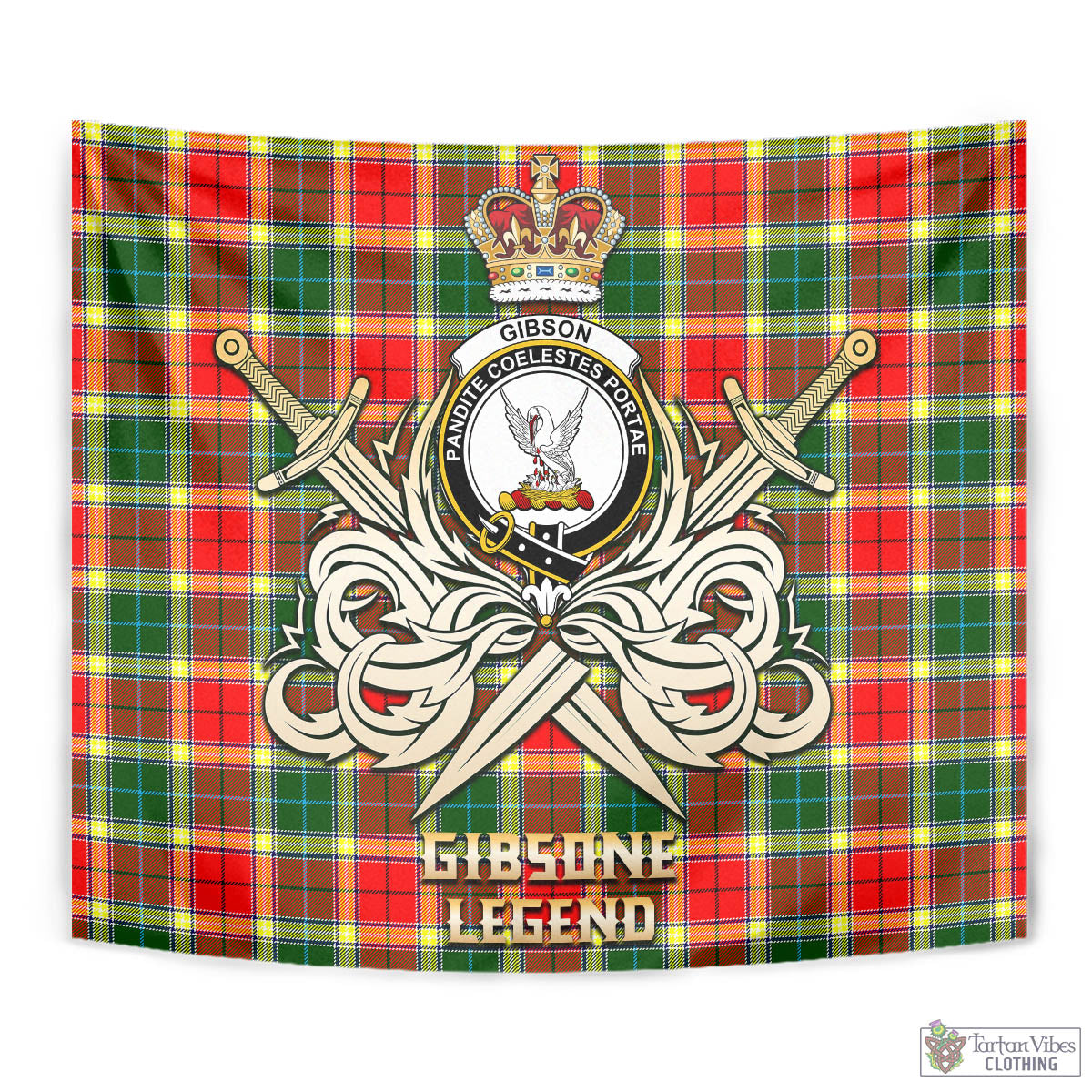 Tartan Vibes Clothing Gibsone (Gibson-Gibbs) Tartan Tapestry with Clan Crest and the Golden Sword of Courageous Legacy