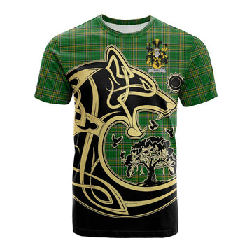 Giles Irish Tartan Cotton T-shirt with Coat of Arms Celtic Wolf Style