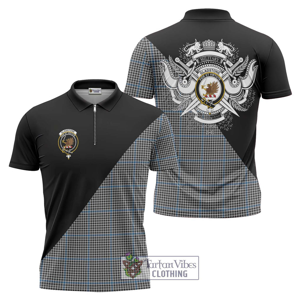 Gladstone Tartan Zipper Polo Shirt with Family Crest and Military Logo Style Unisex - Tartanvibesclothing Shop