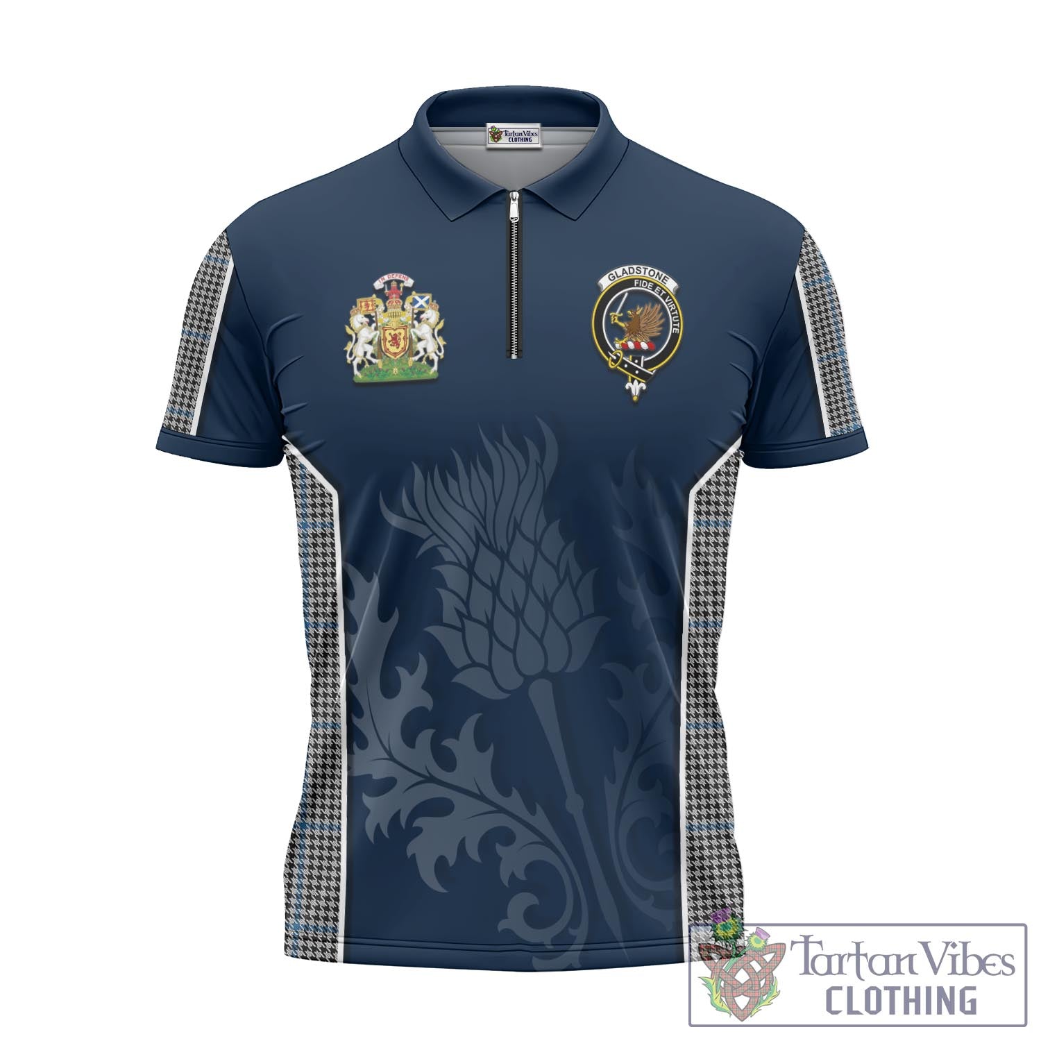 Tartan Vibes Clothing Gladstone Tartan Zipper Polo Shirt with Family Crest and Scottish Thistle Vibes Sport Style