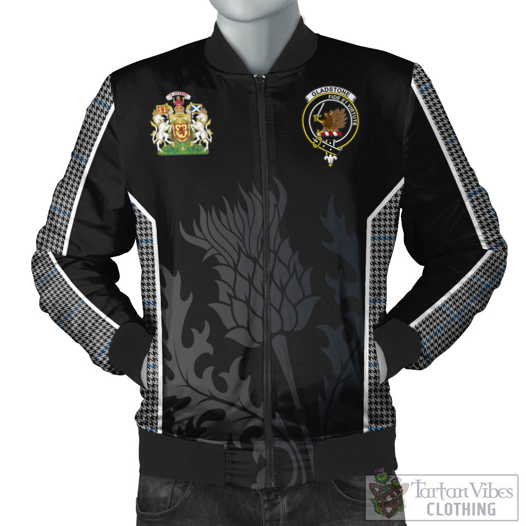 Tartan Vibes Clothing Gladstone Tartan Bomber Jacket with Family Crest and Scottish Thistle Vibes Sport Style