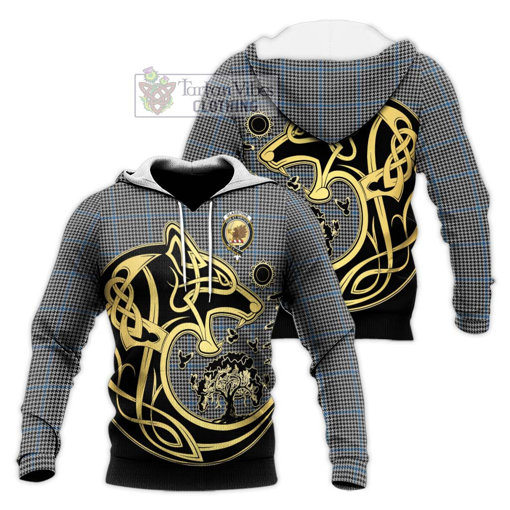 Tartan Vibes Clothing Gladstone Tartan Knitted Hoodie with Family Crest Celtic Wolf Style