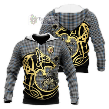 Gladstone Tartan Knitted Hoodie with Family Crest Celtic Wolf Style