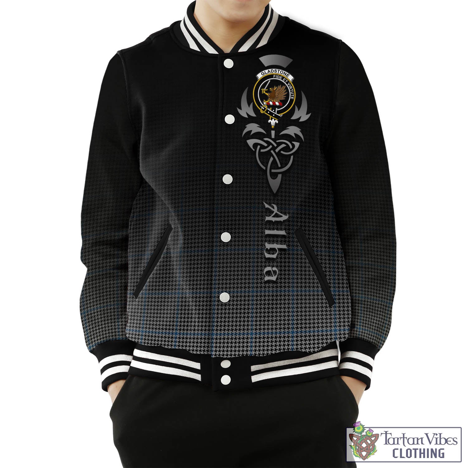 Tartan Vibes Clothing Gladstone Tartan Baseball Jacket Featuring Alba Gu Brath Family Crest Celtic Inspired