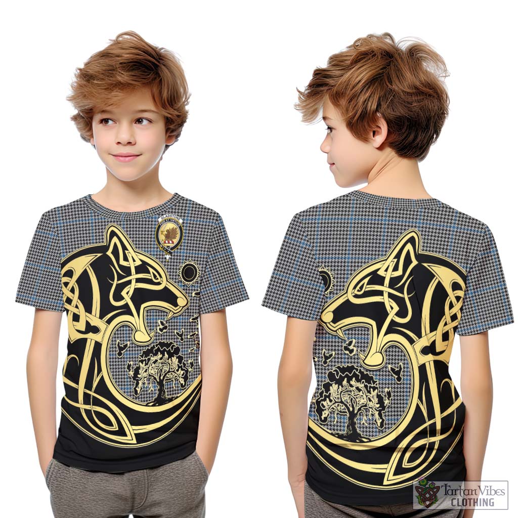 Tartan Vibes Clothing Gladstone Tartan Kid T-Shirt with Family Crest Celtic Wolf Style