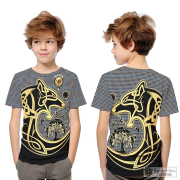 Gladstone Tartan Kid T-Shirt with Family Crest Celtic Wolf Style